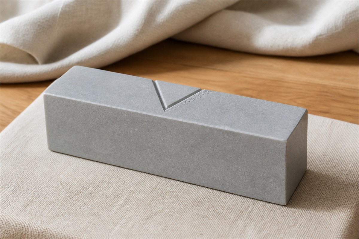 Angular incised groove on a sound gray practice block resting on pale fabric.