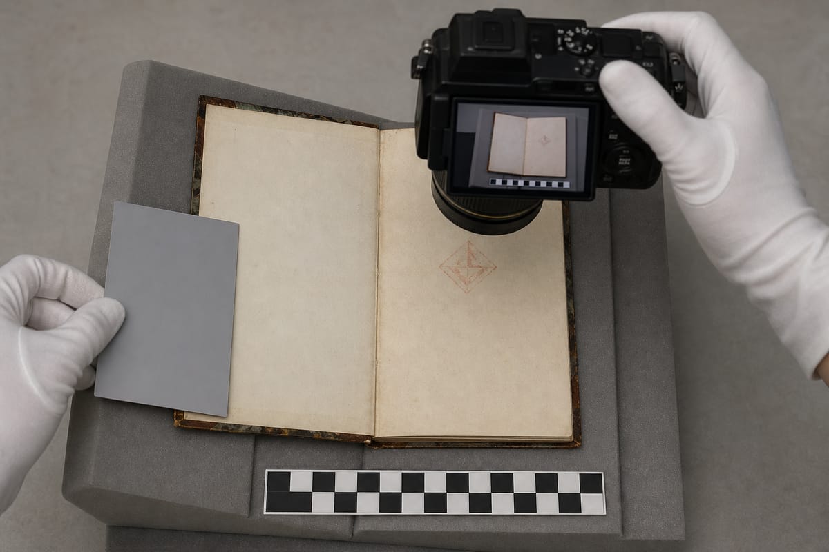 Gloved conservator photographing a faded abstract mark on a supported book