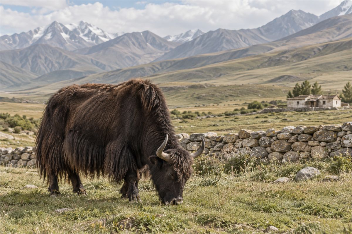 A domestic yak grazing beside a highland pasture path.