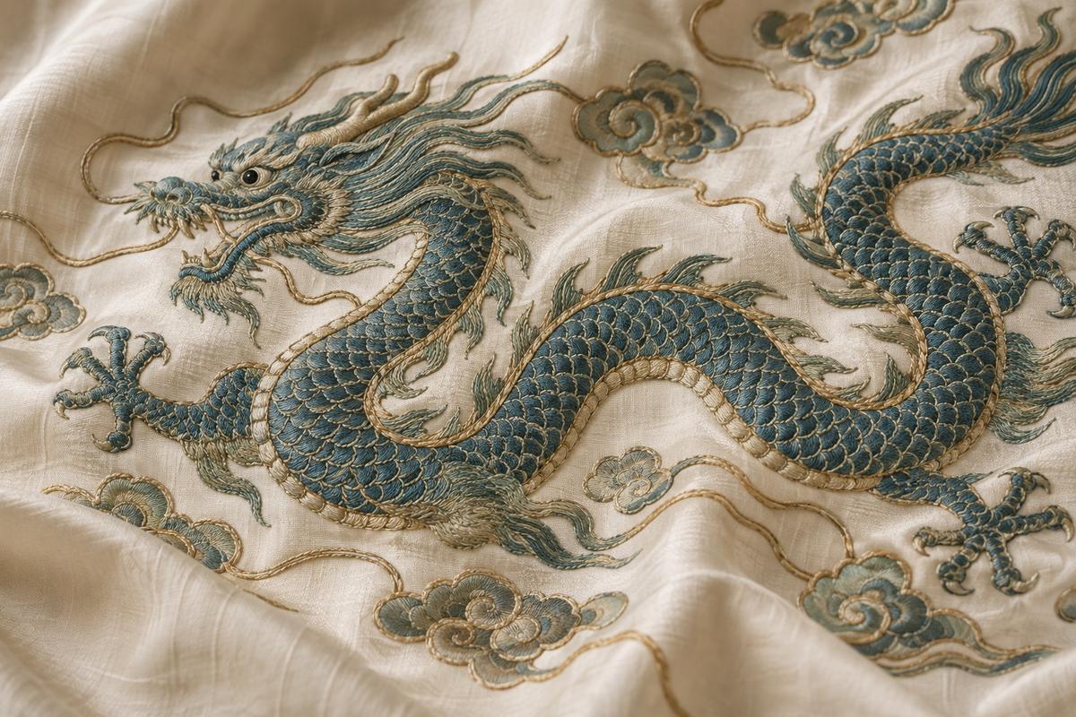 Blue-green dragon embroidery with muted gold-colored threads on ivory fabric.