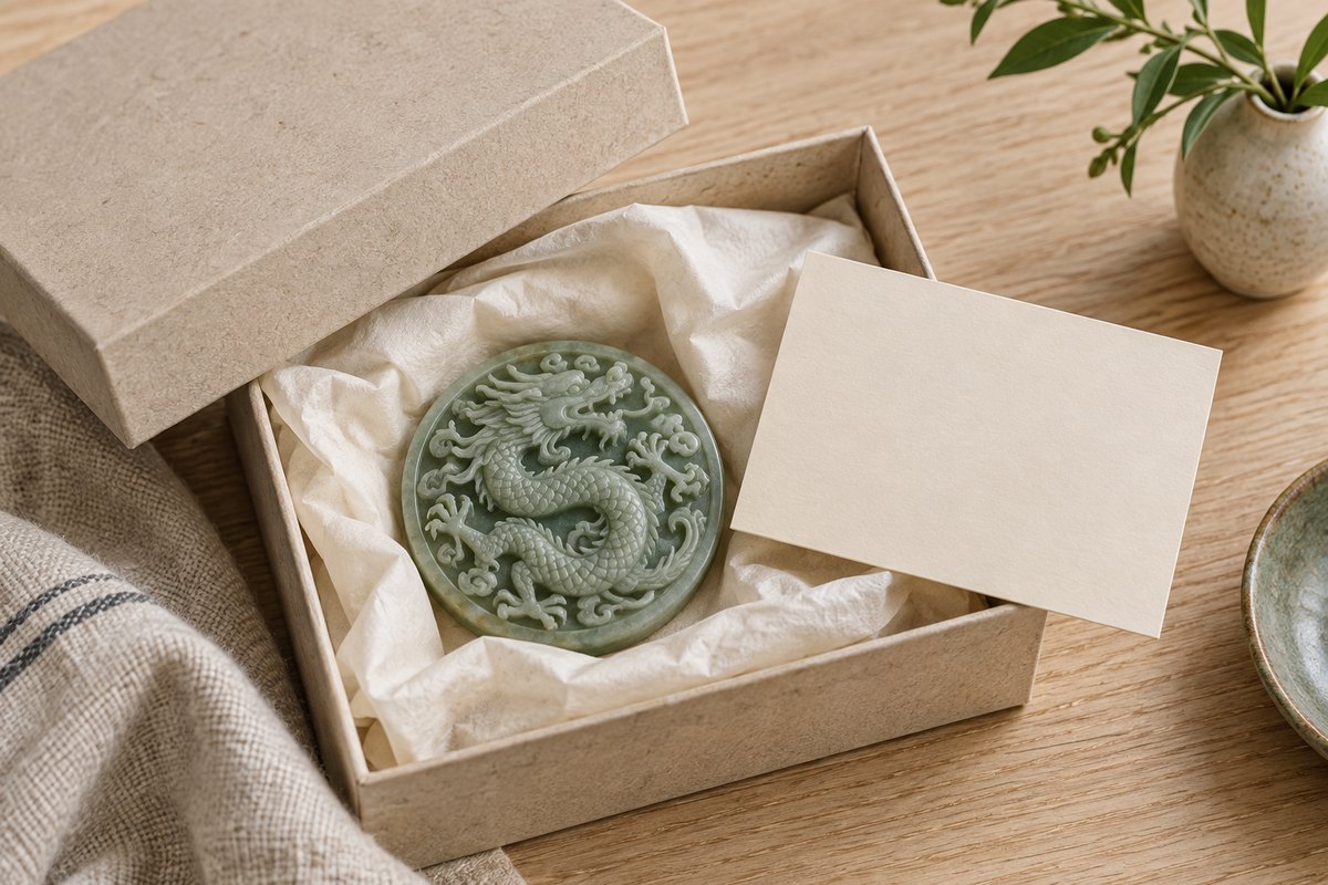 Green dragon medallion in an open neutral gift box beside a blank card.