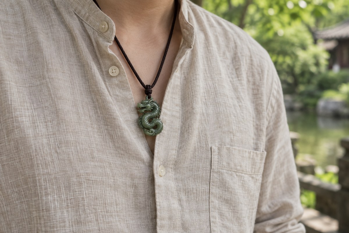 Small green dragon pendant hanging from a dark cord against a linen shirt.