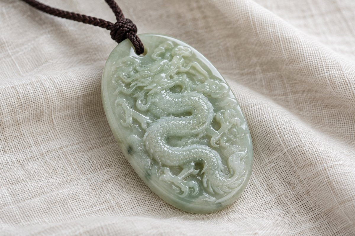 Oval pale green dragon pendant with a brown cord threaded through its suspension hole.