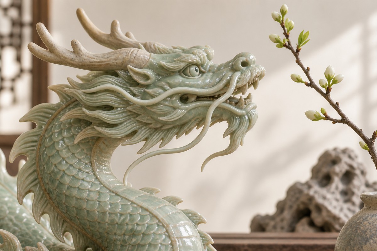 Close view of a celadon dragon sculpture lifting its horned head beside spring buds.