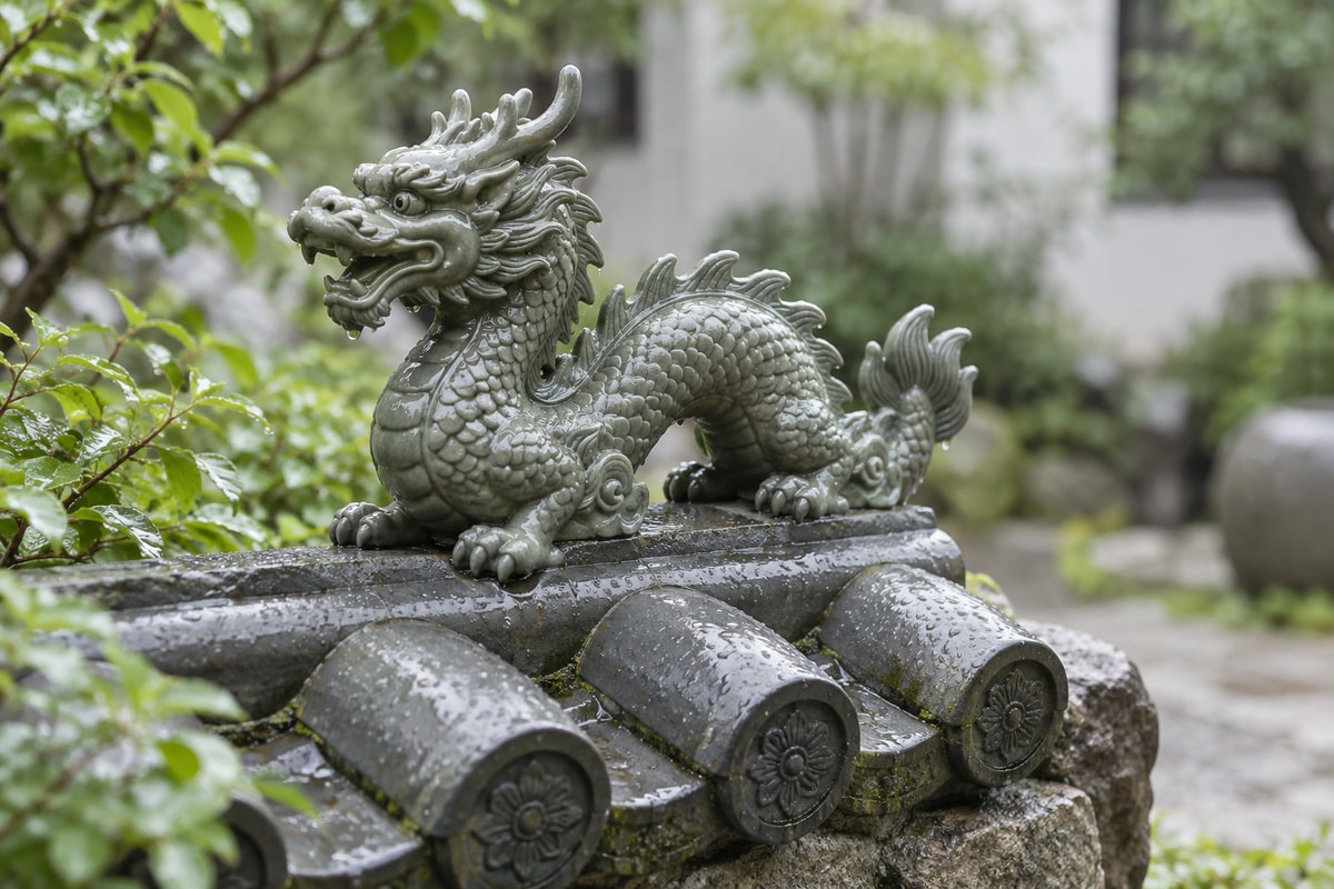 Raindrops on a gray-green ceramic dragon and a small tiled garden model.