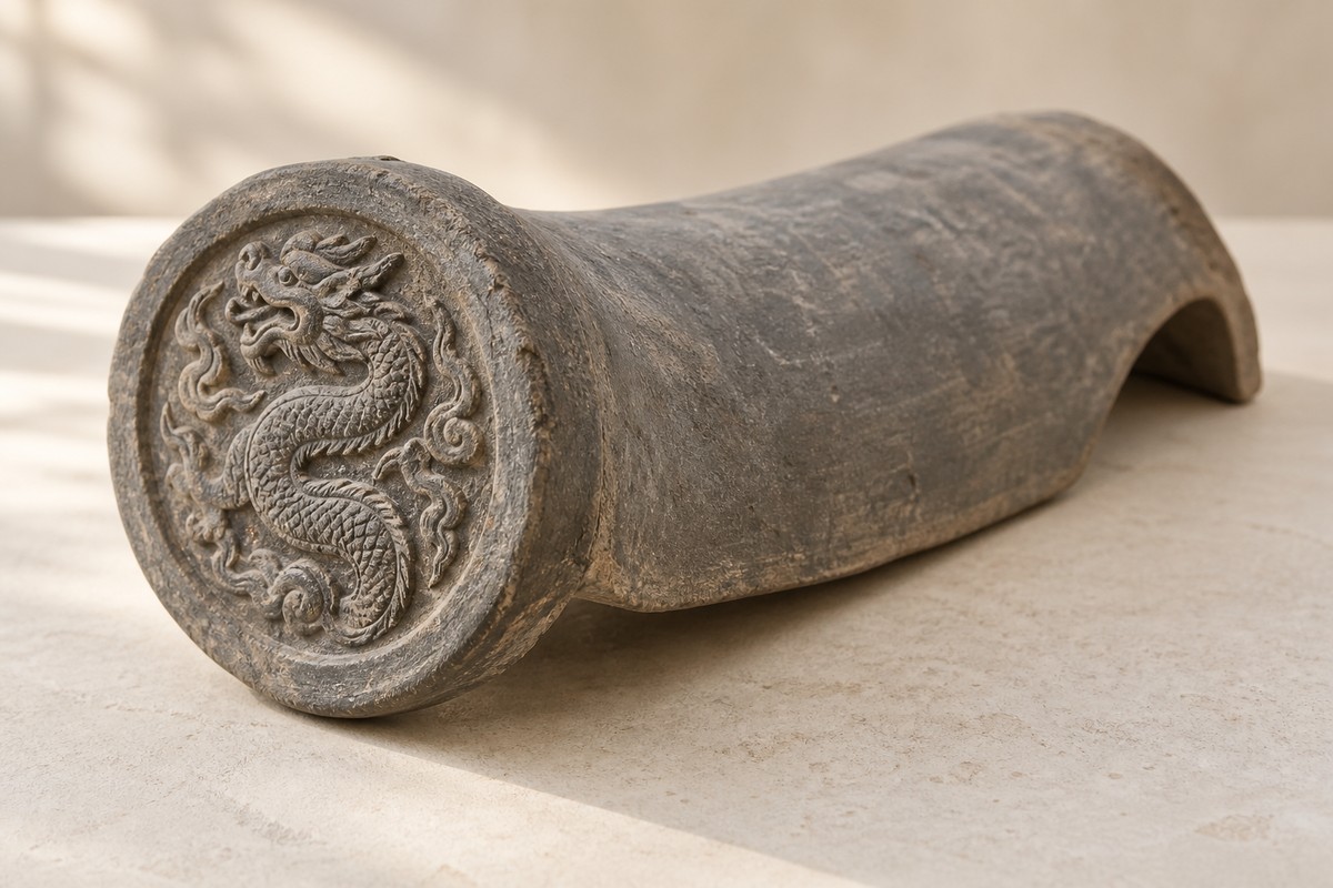 Gray curved roof-tile study with a circular dragon relief attached at its front.