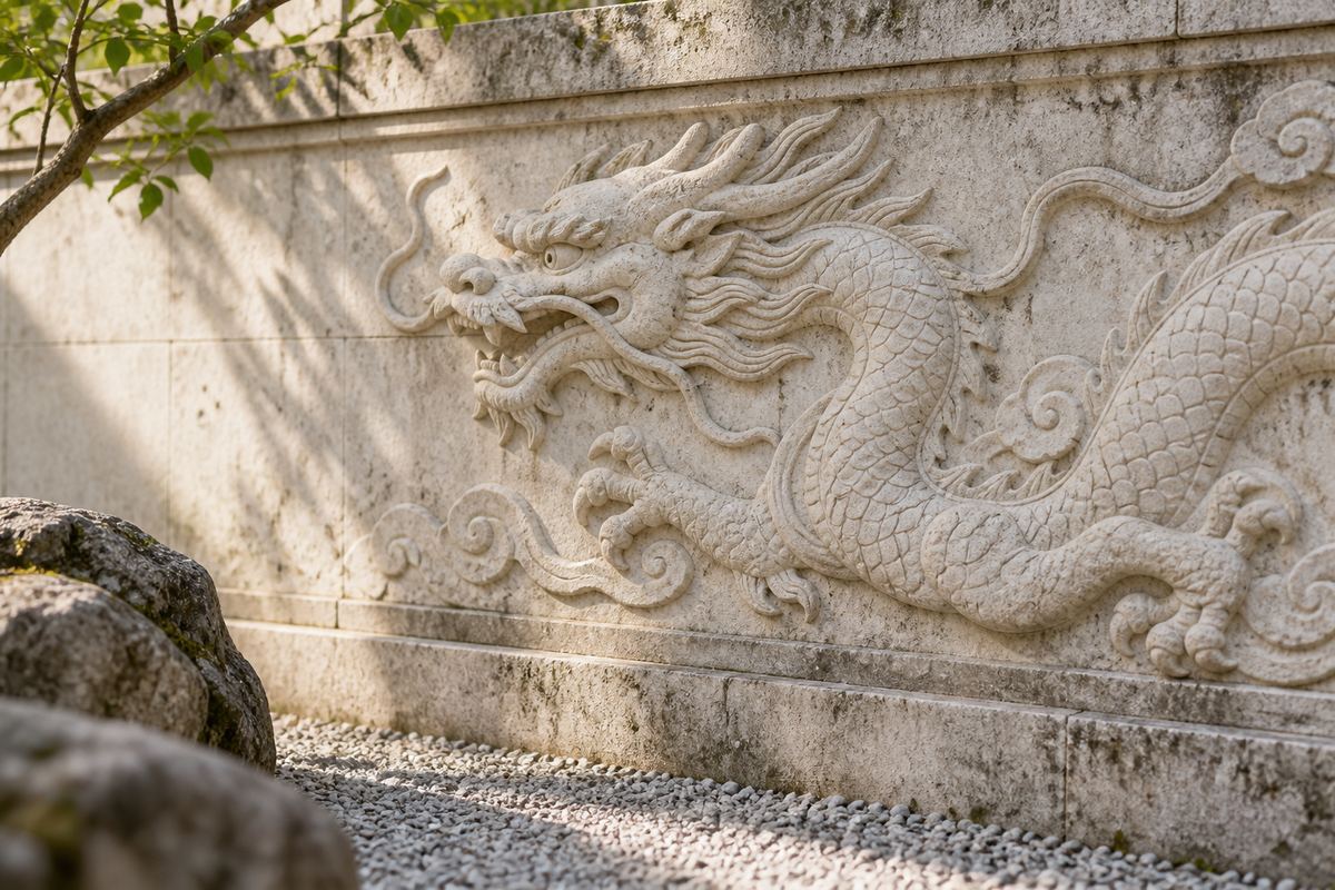 Pale stone dragon relief in a garden wall above gravel.