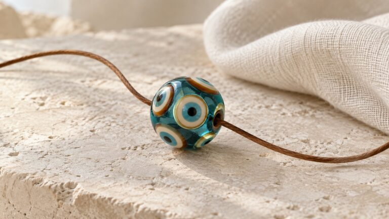 Teal glass bead with cream, blue and amber eye motifs on brown cord across pale stone beside folded linen.