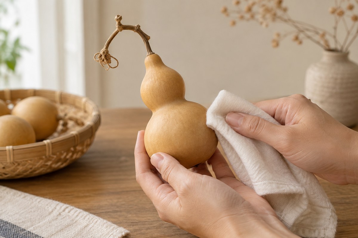 A soft dry cotton cloth lightly touches a supported plain gourd.