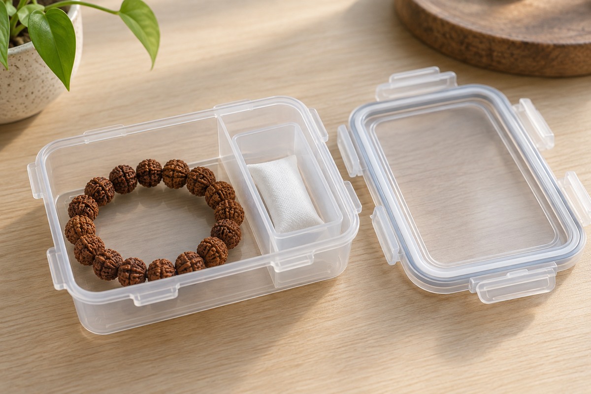 Dry Rudraksha beads in a clear latching container with an intact desiccant packet separated from the beads.