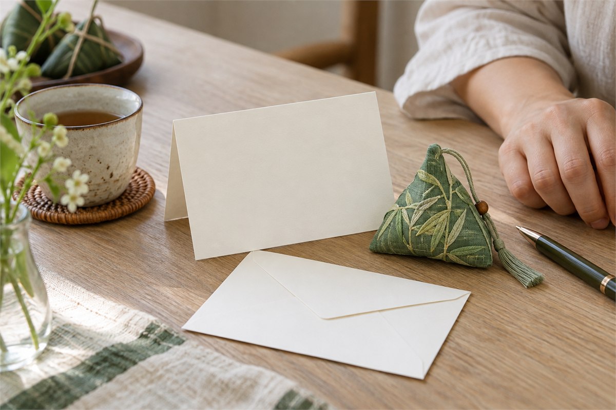 A blank folded card beside a small stitched keepsake and an envelope