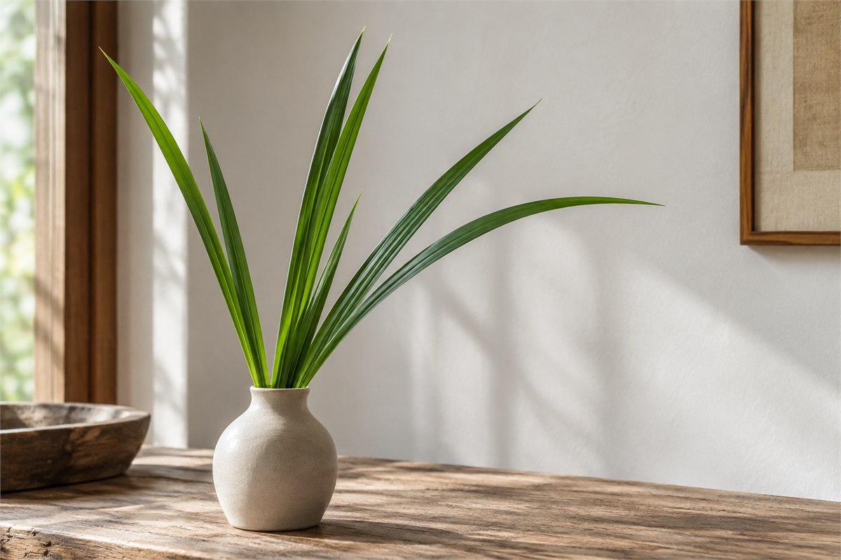 Long flat sweet-flag leaves displayed in a simple ceramic vase