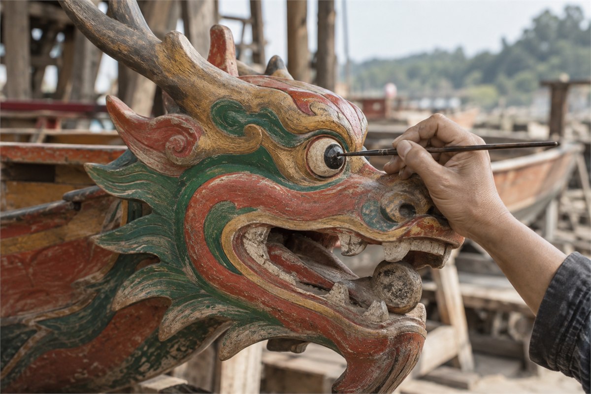 An adult hand holding a brush beside a painted wooden dragon boat eye