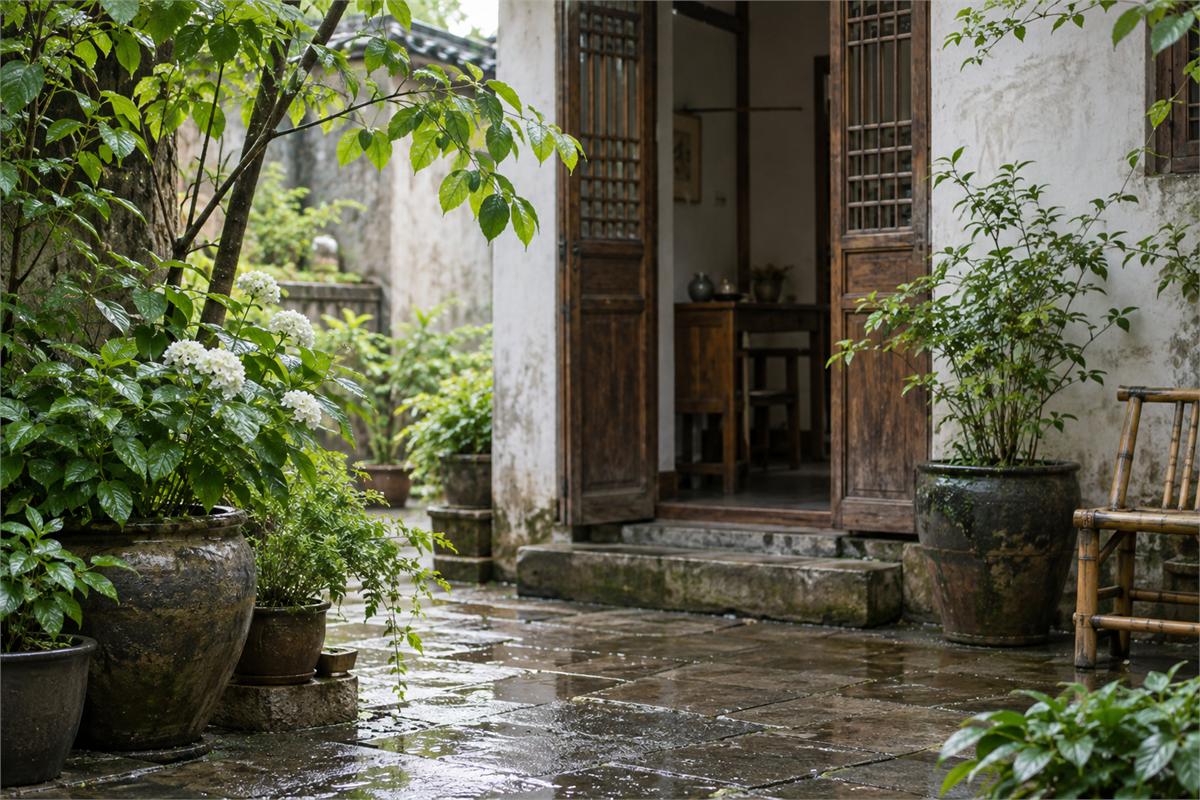 Soft morning light falling across a quiet courtyard and fresh summer foliage