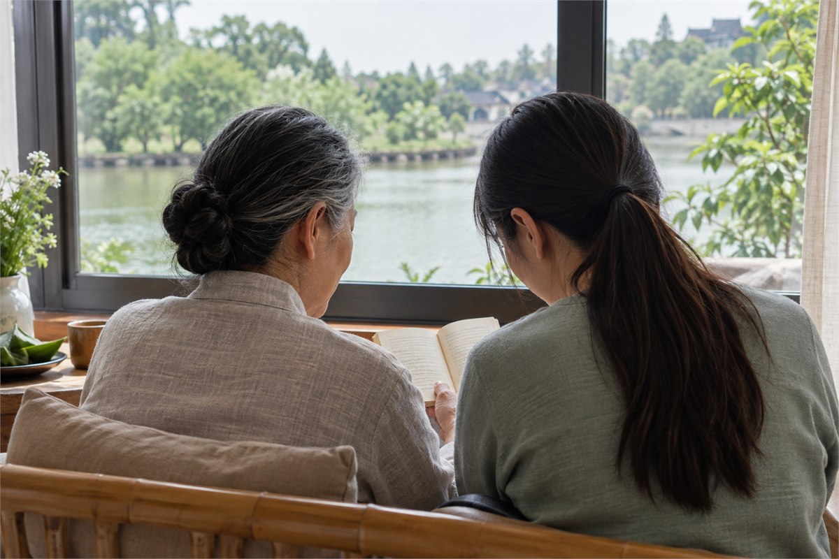 An older adult and a younger adult reading together beside a window