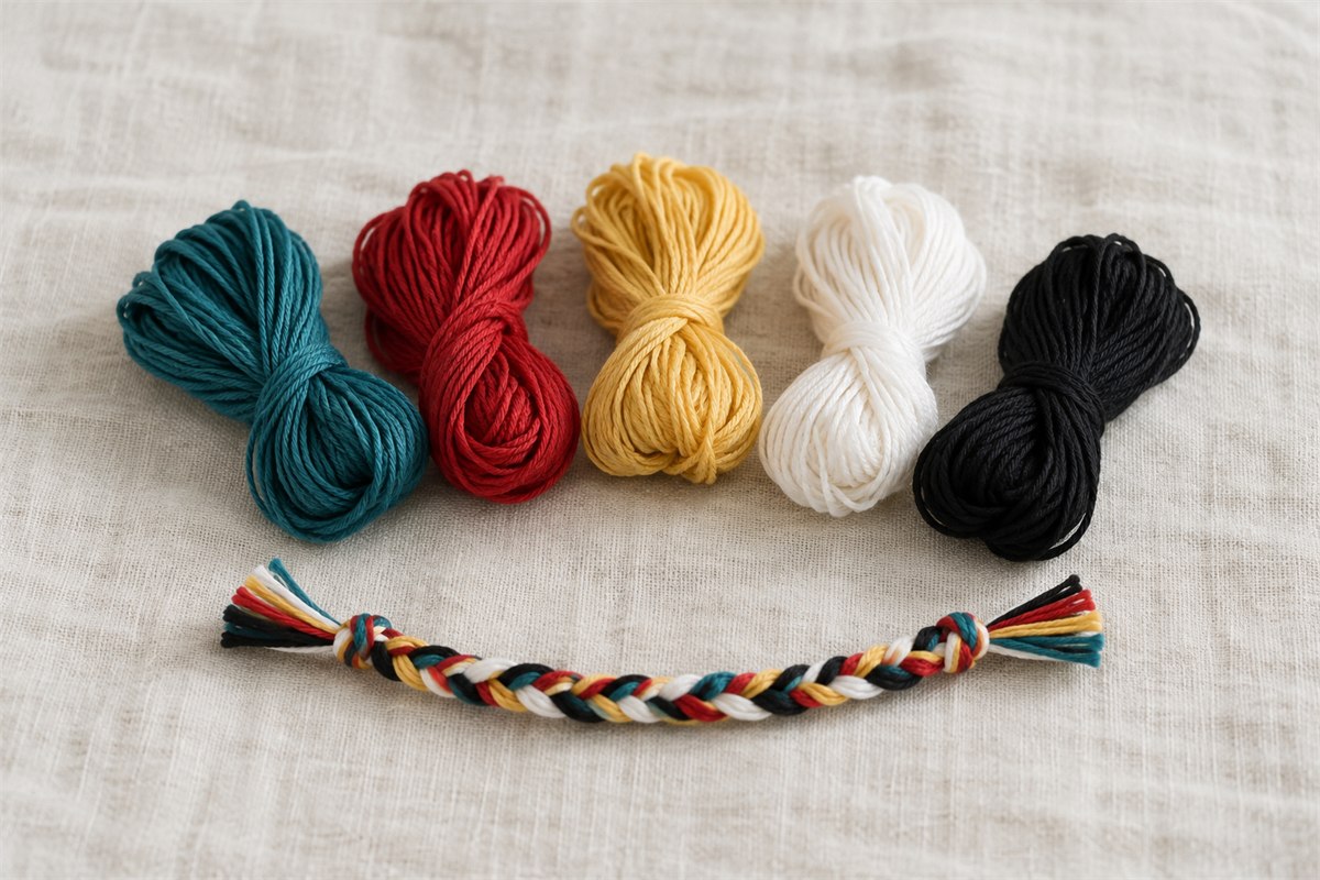 Five loose skeins in blue-green, red, yellow, white, and black