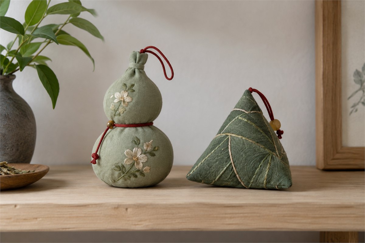 A soft gourd-shaped sachet beside a triangular zongzi-shaped fabric sachet