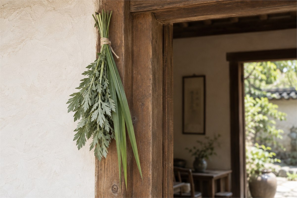 A small bundle of lobed mugwort and long calamus leaves beside a wooden doorway