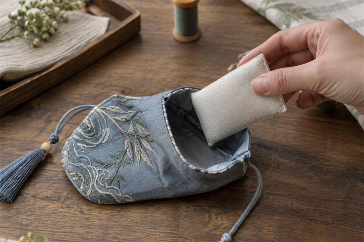 An open cloth sachet beside a small sealed cotton insert