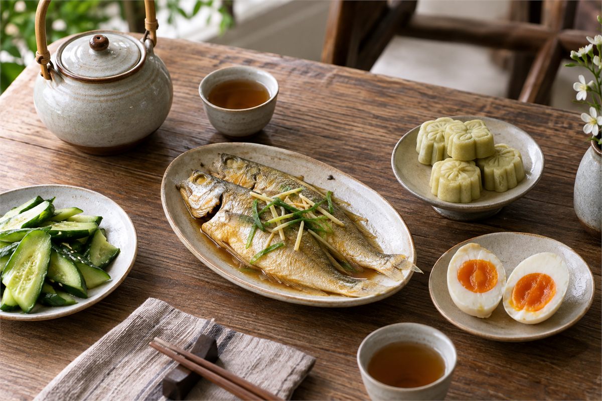 Cucumber, cooked fish, salted egg yolks, and mung bean cakes served with tea