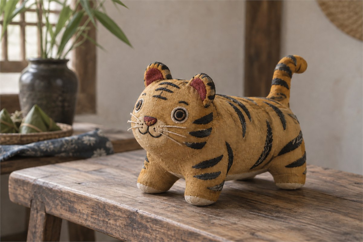 A small ochre cloth tiger with stitched stripes and a curled tail