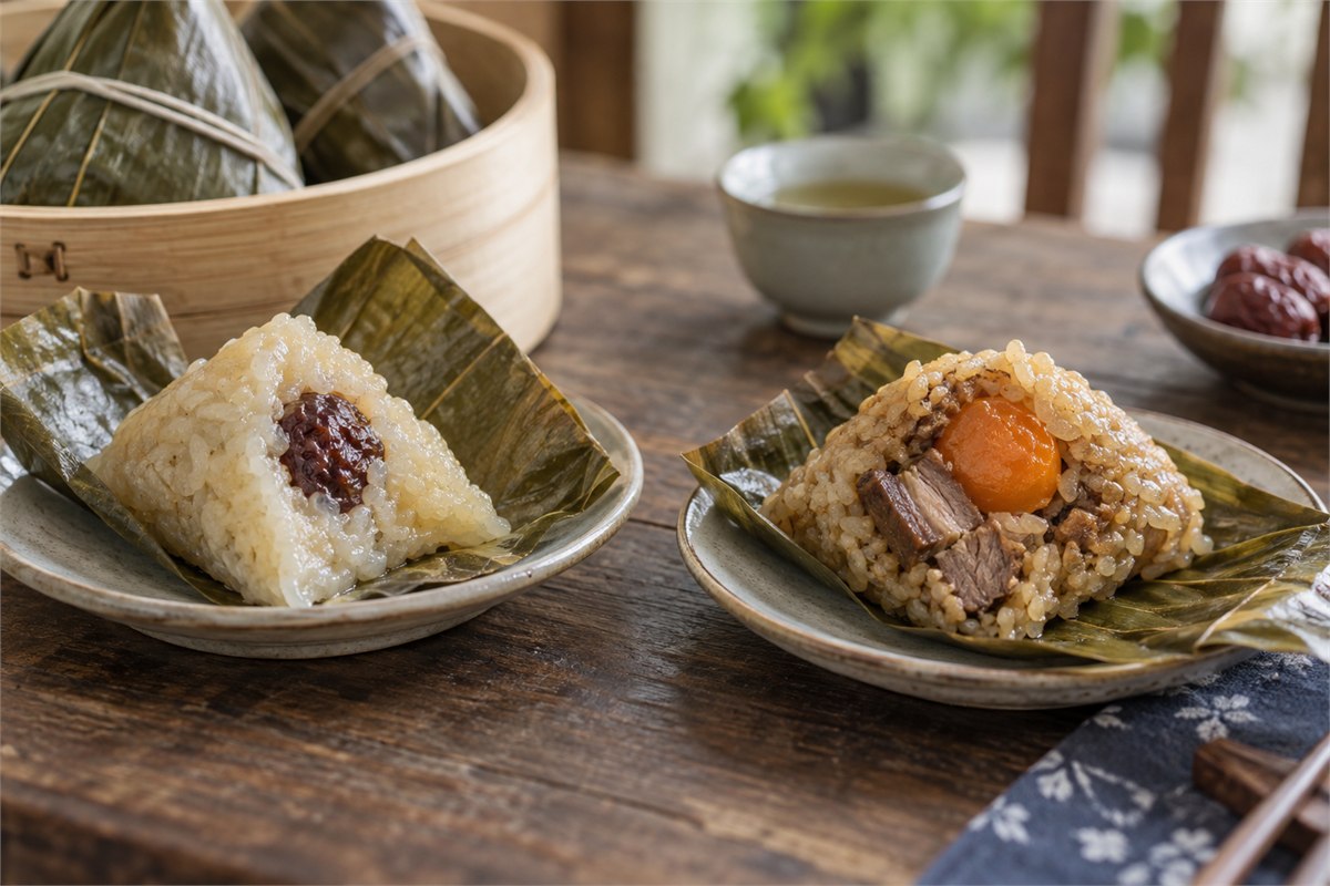 Opened zongzi showing red-date rice and a savory salted-egg filling