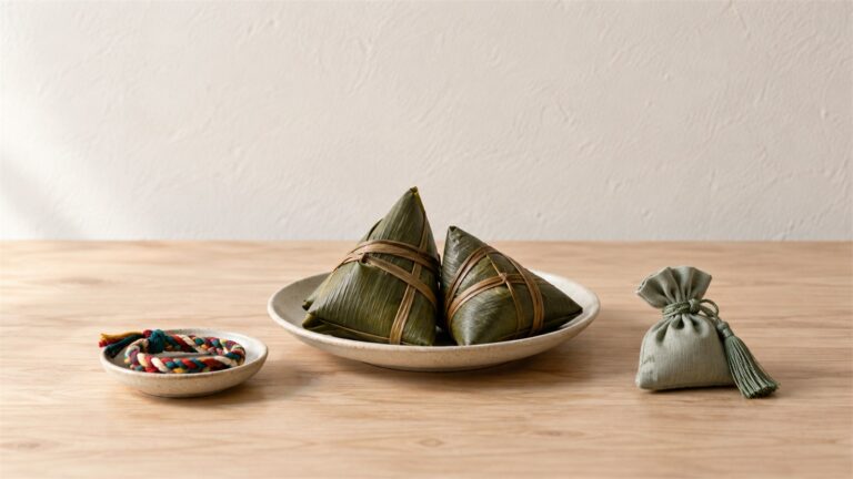 Zongzi, a five-color cord, and a fabric sachet arranged on a pale wooden table