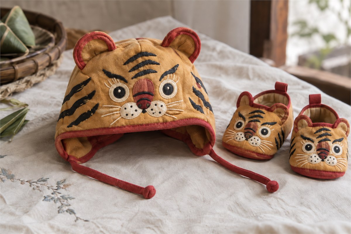 A cloth tiger-head hat and matching embroidered tiger shoes