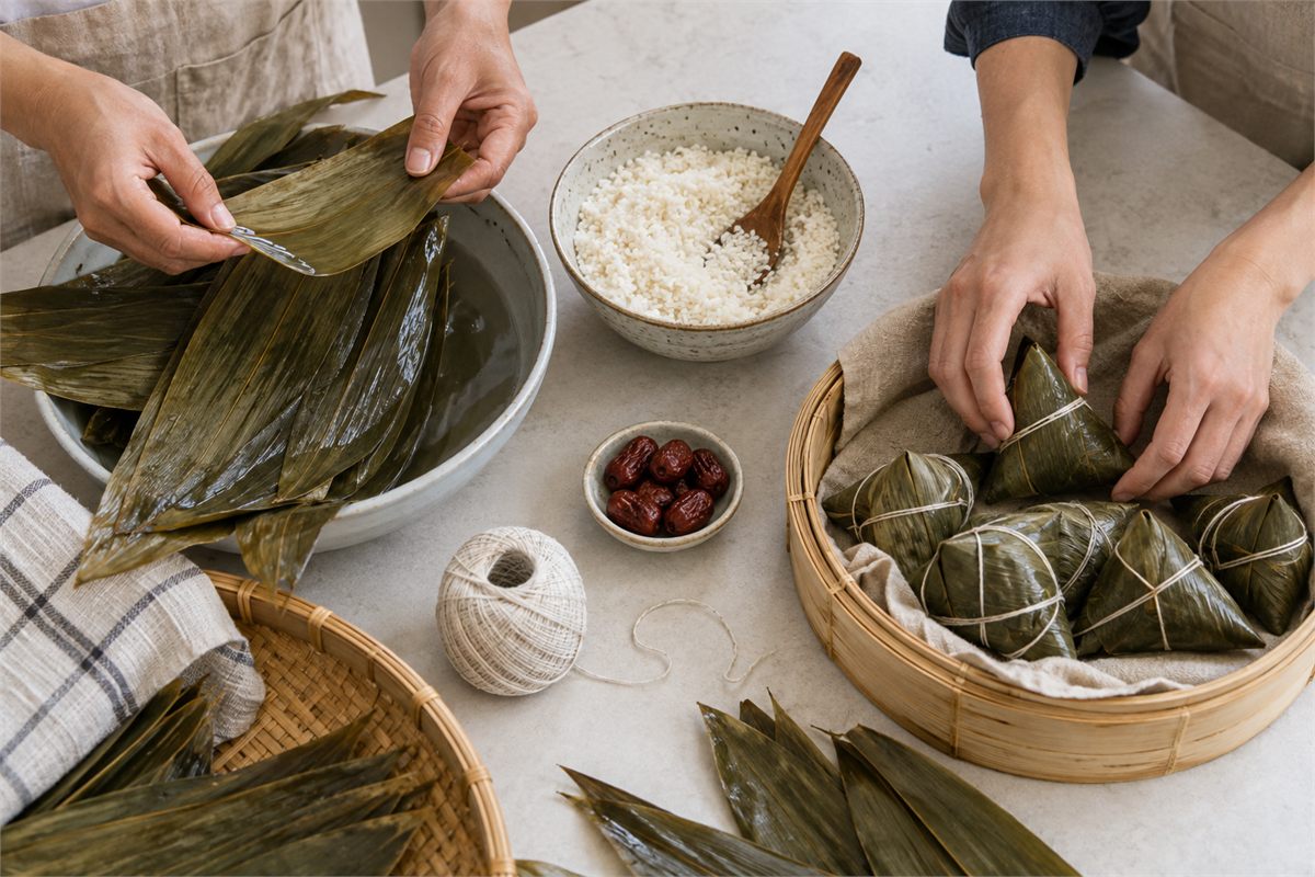Two pairs of adult hands preparing leaves and rice for zongzi