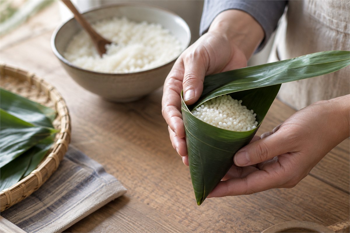 Adult hands holding a closed-tip leaf cone filled with glutinous rice