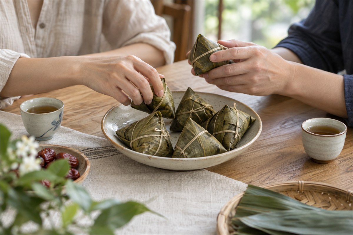 Two adults sharing leaf-wrapped zongzi at a sunlit table