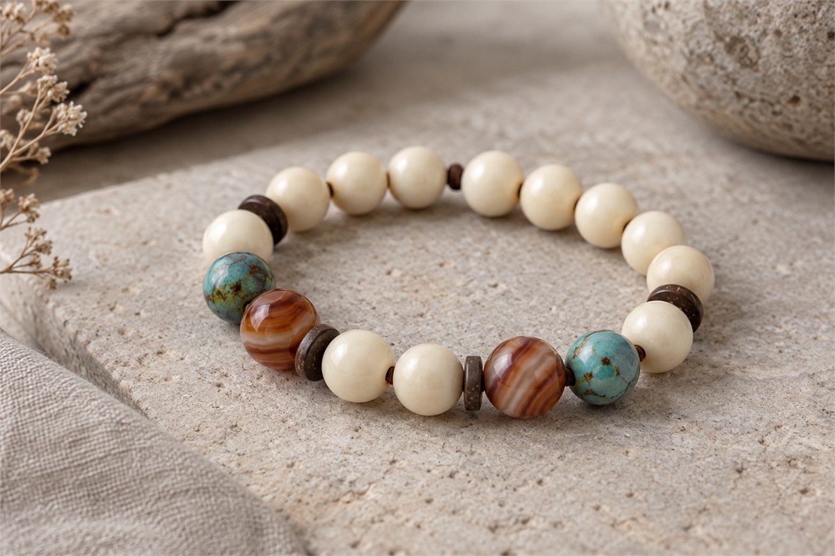 A mixed bone bead bracelet with turquoise and banded agate accents.