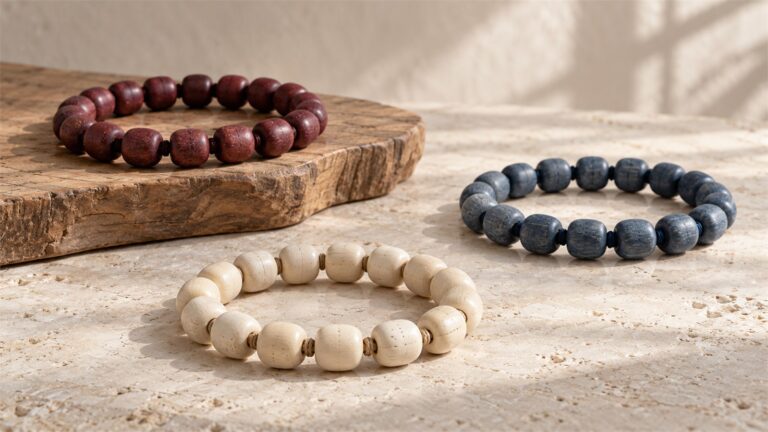 Three strands of muted red, blue, and cream bone beads on warm ivory stone.