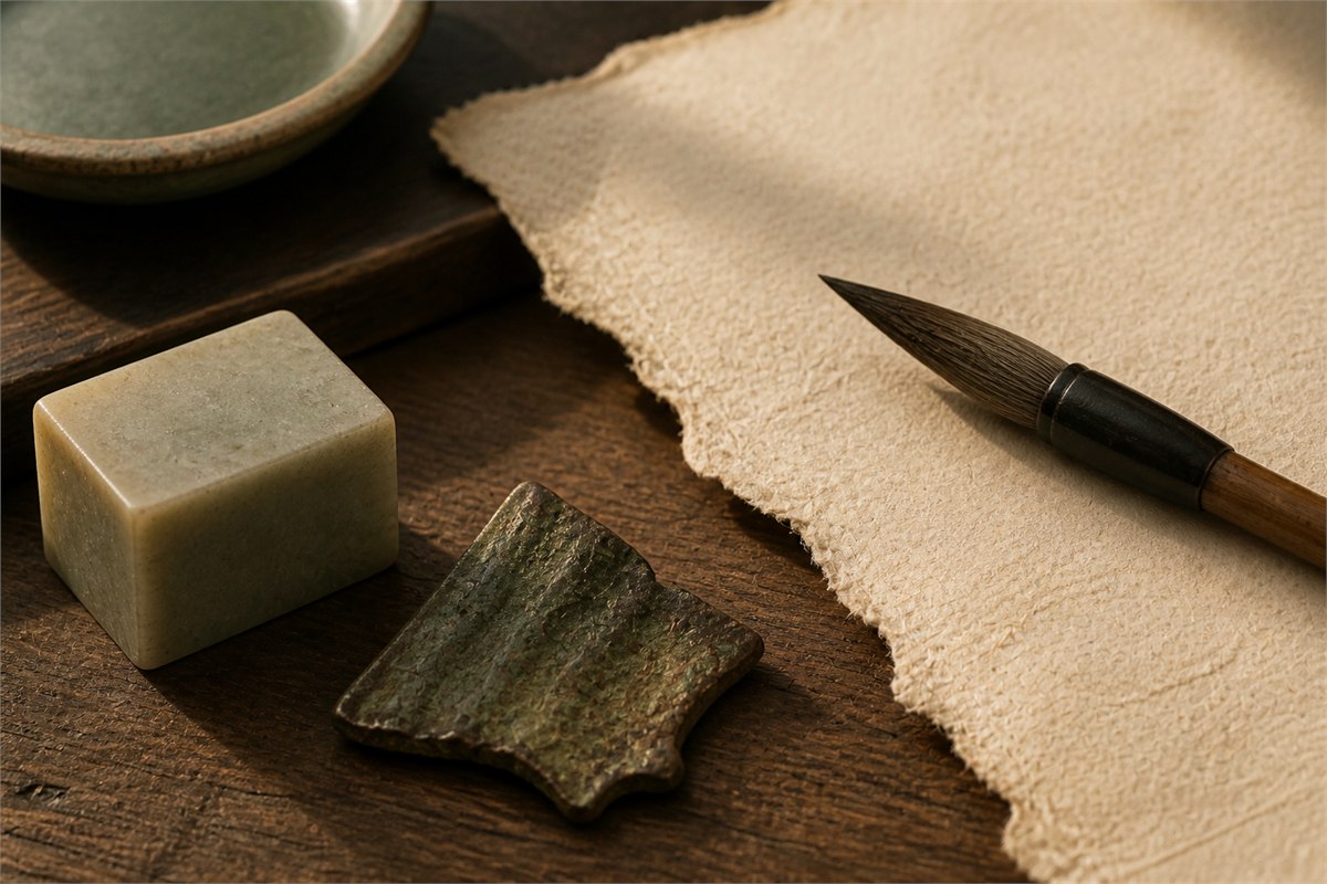 Plain seal stone, bronze fragment, brush, and blank handmade paper