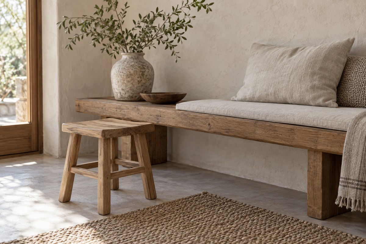 A small wooden stool beside a larger bench in a softly lit home.