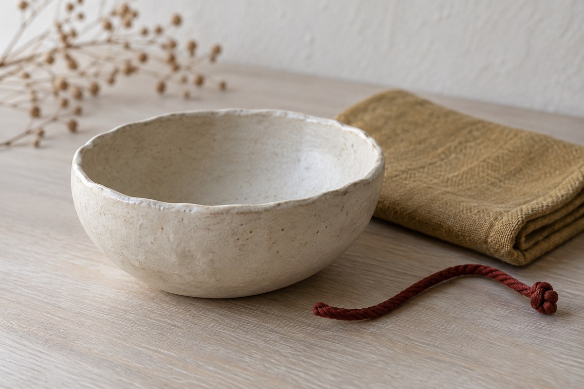 A cream ceramic bowl beside an ochre textile and a short red cord.