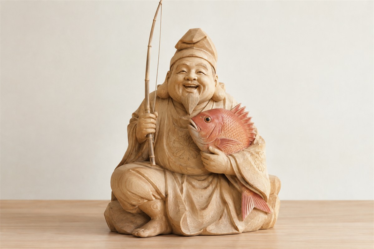 Carved wooden Ebisu figure holding a fishing rod and a red sea bream.