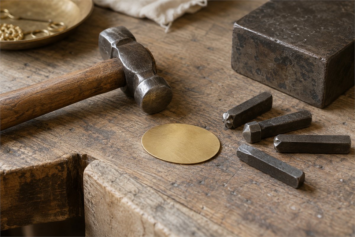Hammer and metal punches beside a thin oval metal blank on a wooden workbench.