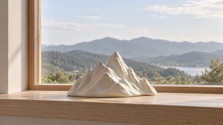 A sculptural ceramic mountain form beside a window overlooking gentle hills.