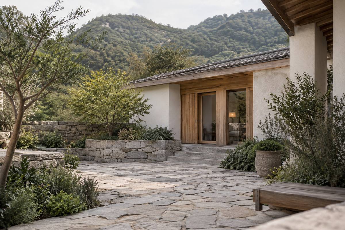 A quiet plaster-and-wood home sheltered by gentle wooded hills.