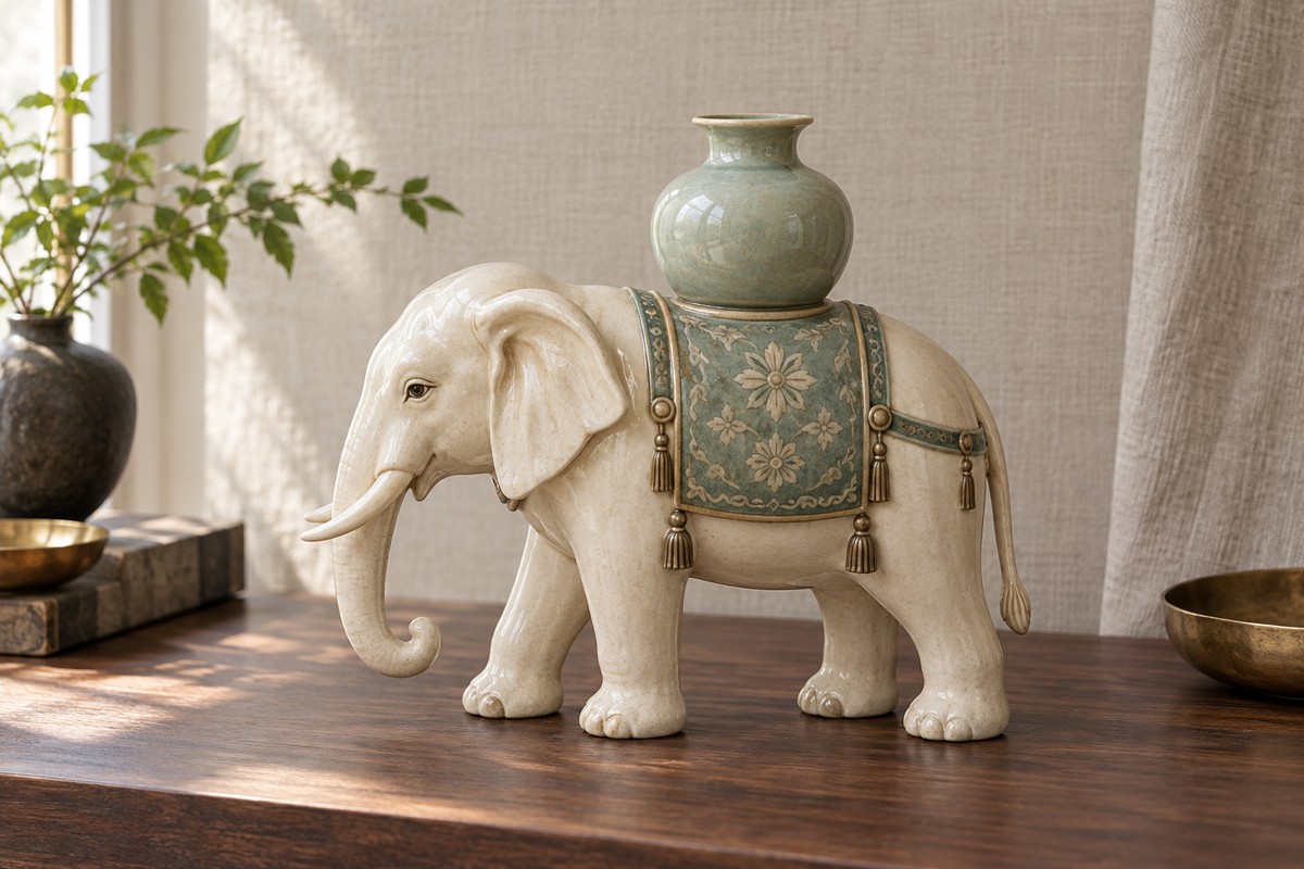 Contemporary ivory ceramic elephant ornament carrying a small vase on its back.