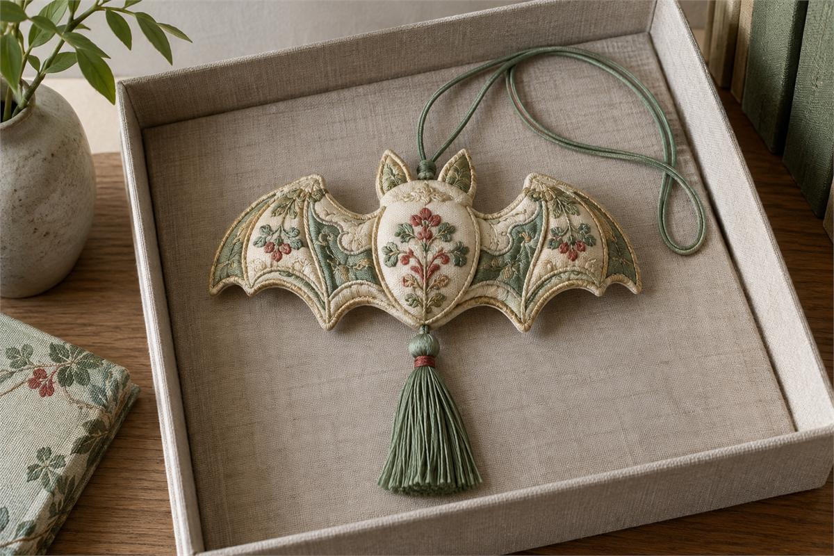 Bat-shaped embroidered fabric sachet lying flat in a lined box with its green cord untangled.