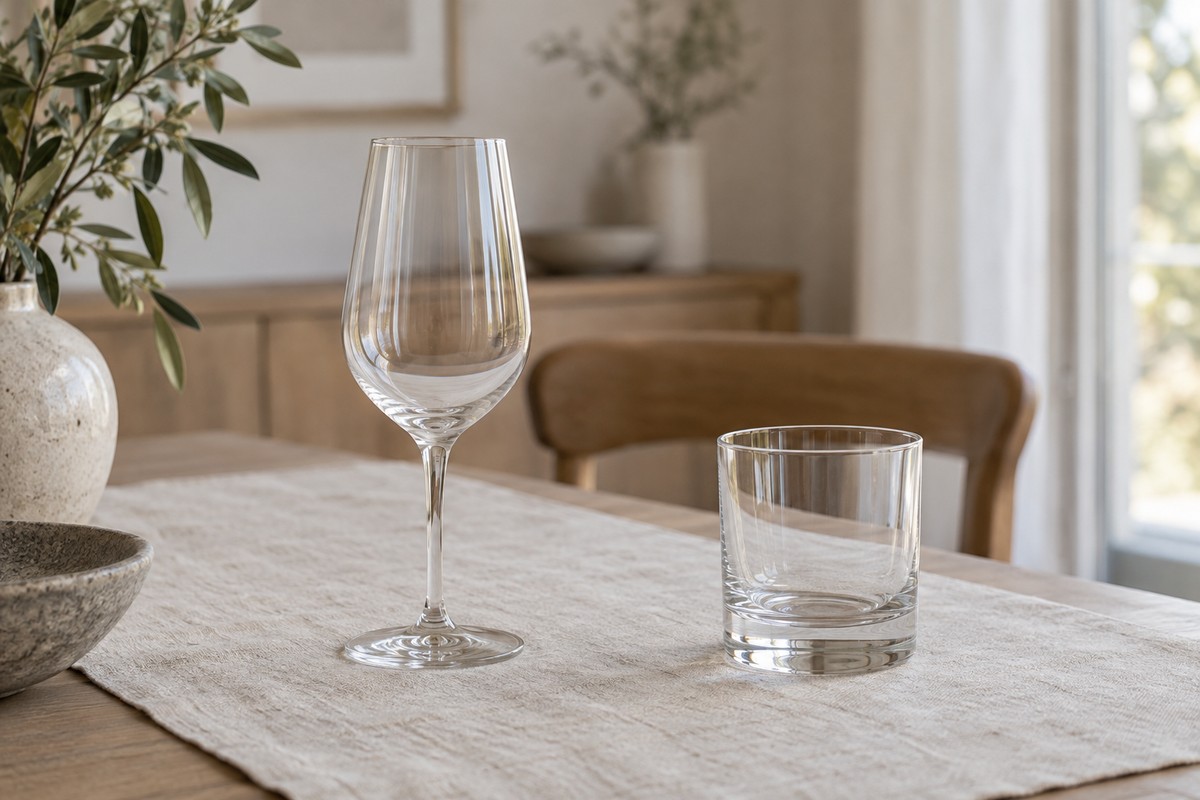 An empty slender stemmed glass and a low tumbler on a linen runner.