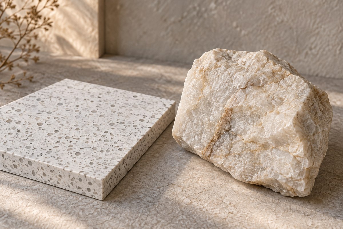 Resin-bound mineral sample beside a granular quartzite sample