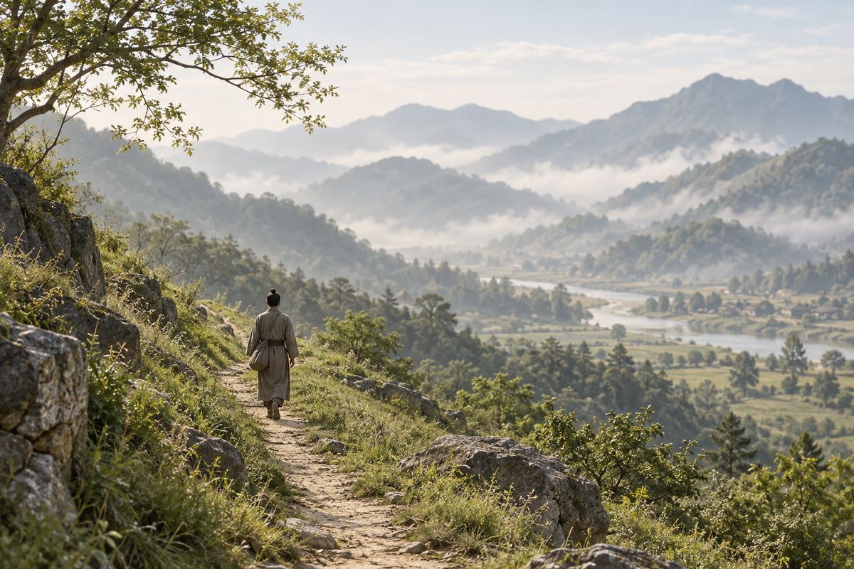 A lone traveler in a plain robe follows a narrow path through pale green hills.