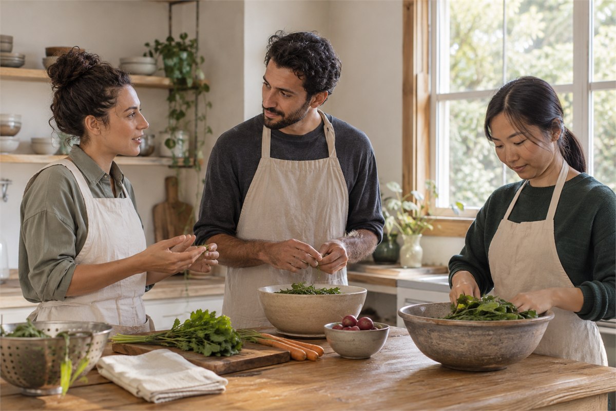 Three adults preparing vegetables together in a community kitchen.