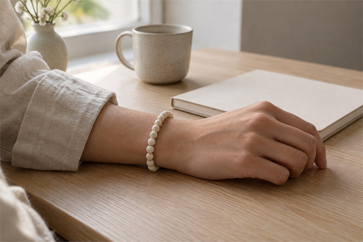 A cream bone bead bracelet on a wrist beside a blank notebook.
