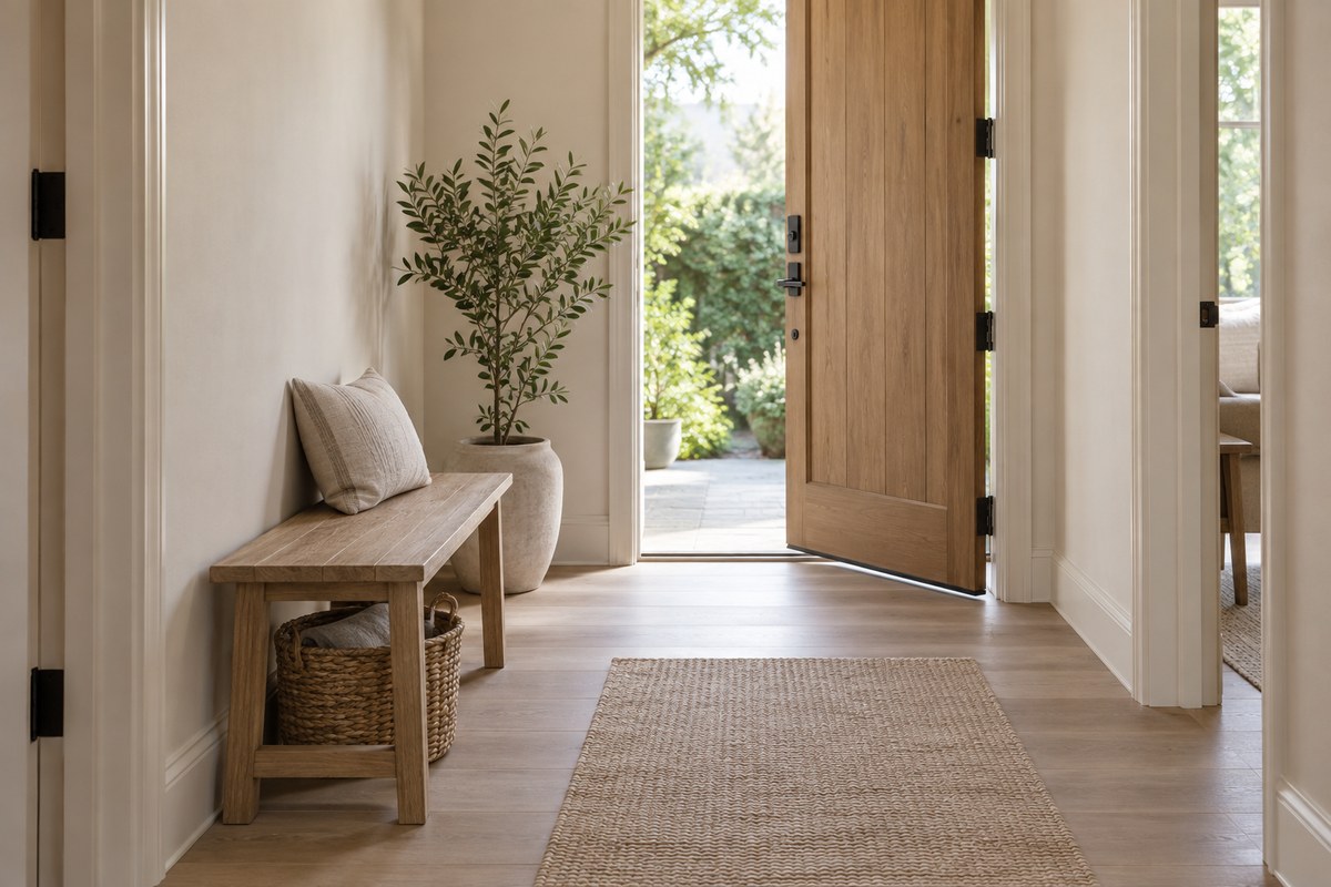 A clear entrance with a wooden bench and an orderly storage basket.