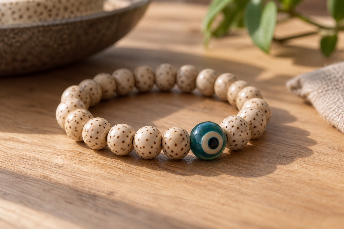 Speckled ivory Xingyue Bodhi bracelet with one teal glass eye bead on pale wood.