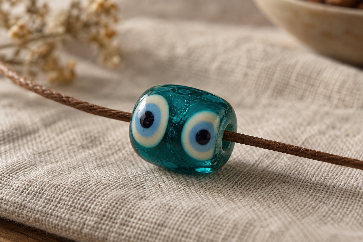 Brown cord passing through the bore of a teal barrel bead decorated with cream and blue eyes.